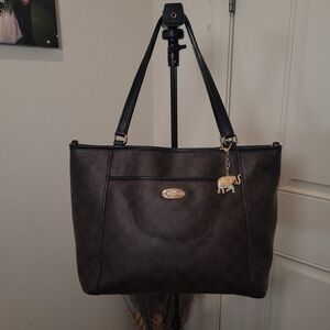 2015 COACH Tote Brown Logo Leather Purse Women's - MINT